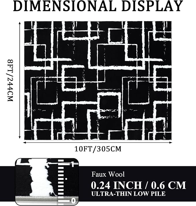 Black Modern Geometric Area Rug 8x10, Black and White Rug with Abstract Rectangular Patterns,Non-Shedding Washable Rugs for Bedroom, Home Office and Living Room