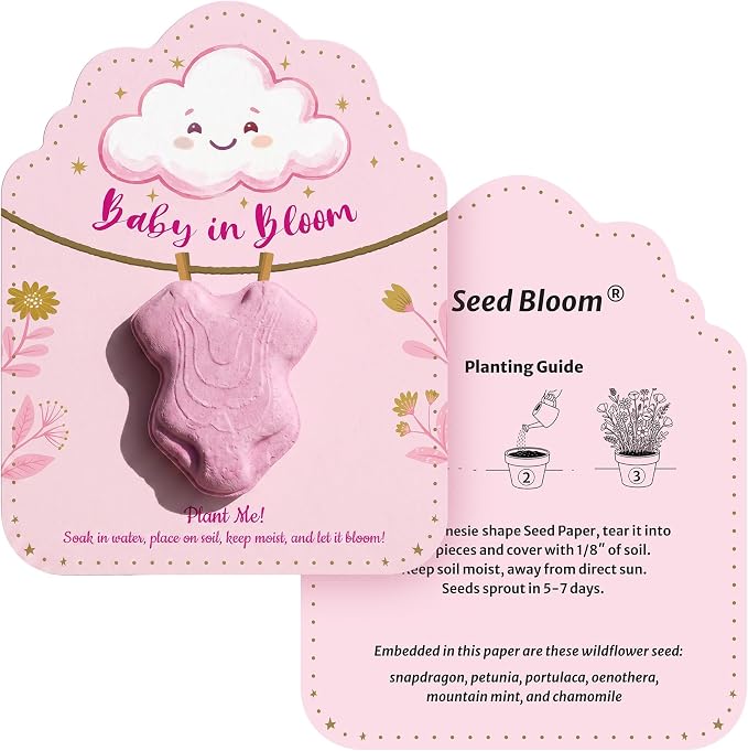 3D Onesie Seed Paper Gift Set – 24 Pink Plantable Baby Girl Onesie Shapes with Wildflower Seeds, Includes Cards & Double-Sided Tape for Baby Shower, Christening, Birthday & Special Occasions