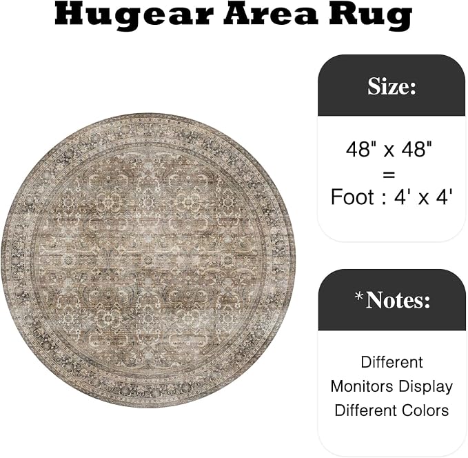 4ft Round Brown Vintage Distressed Washable Rug for Living Room | Low Pile, Non Slip, Retro Style, Soft Distressed Round Rug for Living Room, Bedroom, Dining Room, Home Decor