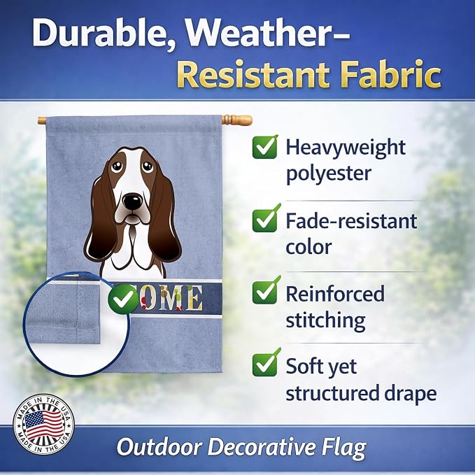 Caroline's Treasures BB1429CHF Basset Hound Welcome House Flag, Blue Large Porch Sleeve Pole Decorative Outside Yard Banner Artwork Wall Hanging, Polyester, House Size, Multicolor