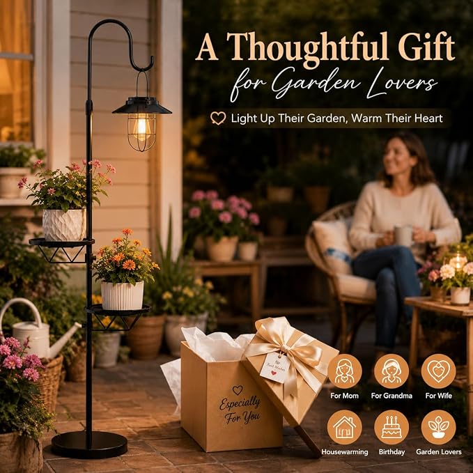 Candieslife 61" H Solar Lights Outdoor with Plant Stands - Metal Shepherd Hook Lantern, Waterproof Floor Lamp with Heavy Base for Patio Porch Deck Yard Garden Decor