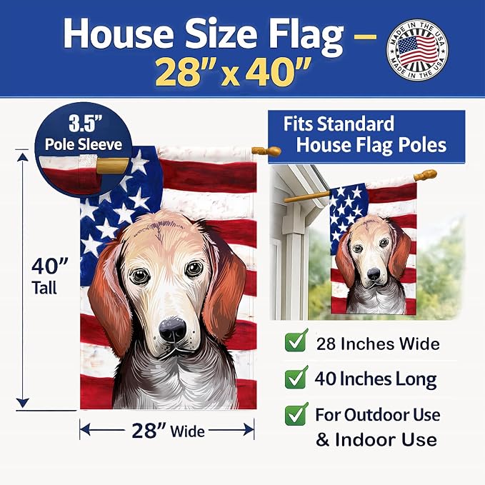 Caroline's Treasures CK6517CHF Estonian Hound Dog American Flag House Flag Large Porch Sleeve Pole Decorative Outside Yard Banner Artwork Wall Hanging, Polyester, House Size, Multicolor