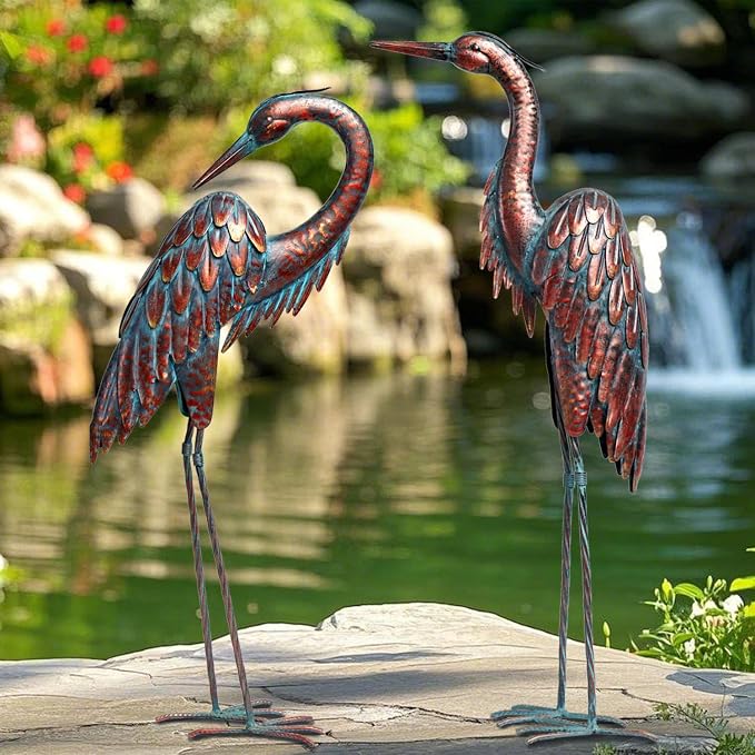 Kircust Outdoor Metal Crane Statues, Heron Sculptures for Garden Yard | Bronze 27.56" Tall, Set of 2 Heron Sculptures, Weatherproof, Patio Decor, Art