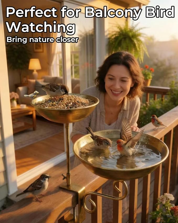 Deck Mounted Dual-Tier Bird Bath with Adjustable Clamp Metal Balcony Bird Bath & Bird Feeder for Railing, Patio, Fence – Easy Clean Outdoor Birdbath for Cardinals, Finches & Sparrows