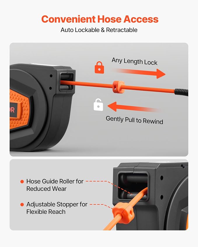 VEVOR Retractable Air Hose Reel, 1/4 Inch x 50 FT Hybrid Air Hose Max 300PSI, Enclosed Air-Compressor Hoses Reel Auto Rewind with 6.6 ft Lead in & Blow Gun, 180° Swivel Ceiling/Wall Mount