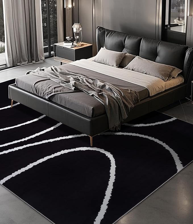 Black Modern Area Rug 6x9,Abstract Rugs for Bedroom,Black and White Geometric Rug,Minimalist Wave Rug,Dark Washable Area Rugs 6x9 Non Slip Rugs for Living Room，Office