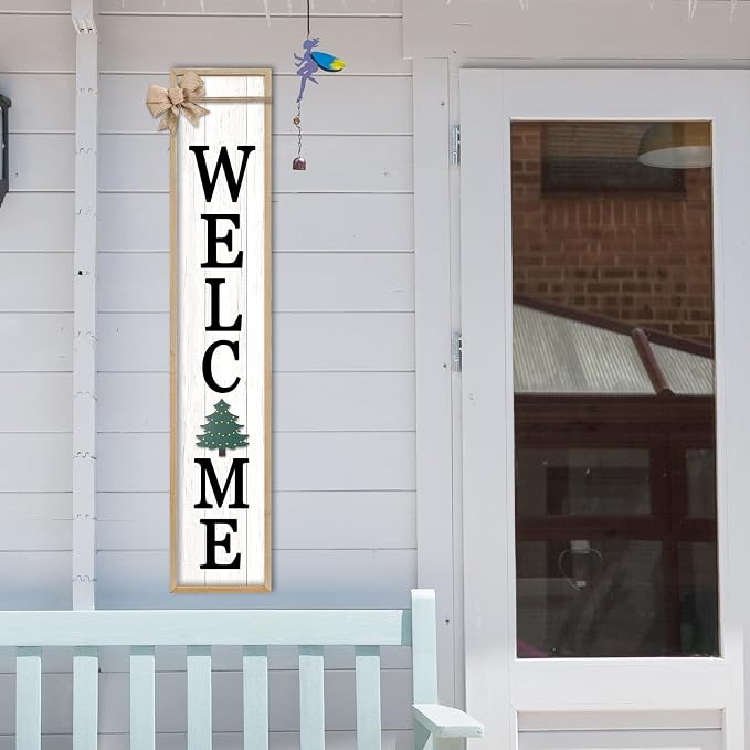 Interchangeable Welcome Sign for Front Door Standing, 45"X9" with 12 Pcs Replaceable Icons Rustic Outdoor Tall Front Porch Farmhouse Outside Wreath Leaner Vertical Decor (Wood)