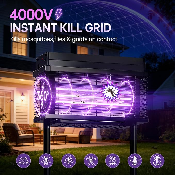 Solar Bug Zapper Outdoor, Purple UV Mosquito Zapper with Smart Rain Off Rechargeable Mosquito Killer Lamp, Wireless Solar Powered Fly Trap for Yard Patio RV (Jet Black)