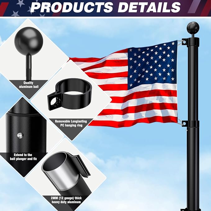 HAYOHRT 20FT Telescopic Flag Pole 12 Gauge Extra Thick Telescoping Flagpole with 3x5 American Flag Can Fly 2 Flags for Outside House In Ground 100MPH Wind Tested Freedom Edition Residential Pole