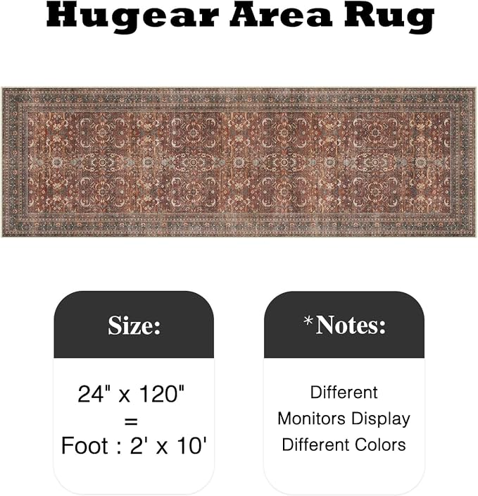 2x10 Brick Red Vintage Distressed Washable Runner Rug for Hallway | Low Pile, Non Slip, Retro Style, Soft Distressed Long Hallway Runner for Kitchen, Entryway, Laundry, Bedroom, Home Decor