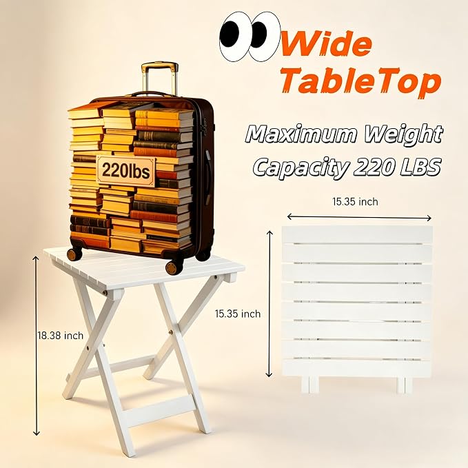 Outdoor Small Table Square Folding Wooden Patio Side Table Furniture Table for Adirondack Chair, Balcony, Porch, No Assembly Required, White