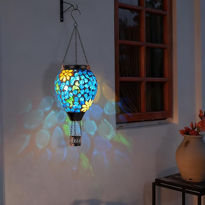Hummingbird Solar Hot Air Balloon Lantern with Flame, Blue Hanging Mosaic Solar Lantern Outdoor Waterproof, Outdoor Solar Lights for Yard Gardening Gift for Mom Grandma Women