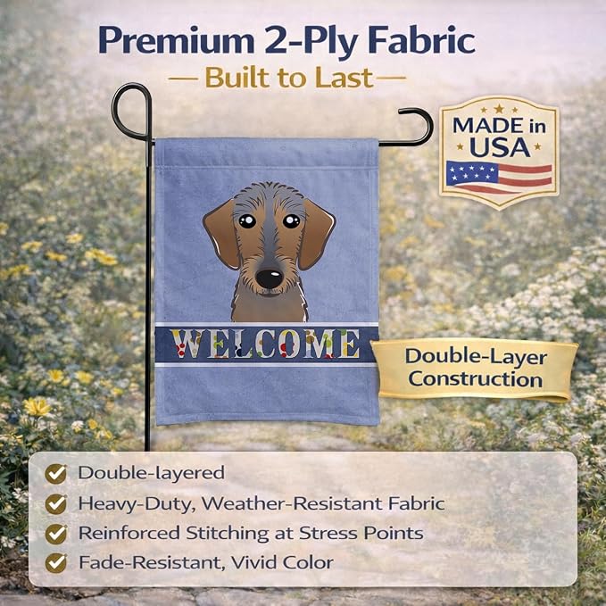 Caroline's Treasures BB1419GF Wirehaired Dachshund Welcome Garden Flag, Blue Mailbox Flag Decorative Yard Flag Banner Outside Patio Artwork Yard Flower Beds, Garden Size, Multicolor