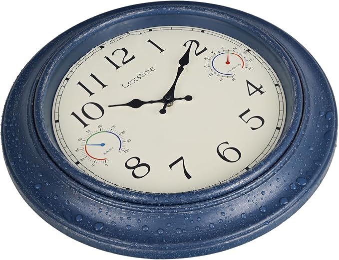 Crosstime 18 Inch Large Outdoor Clock with Thermometer & Hygrometer – Silent Retro Wall Clock Waterproof for Patio, Pool, Garden, Backyard Decor – Blue