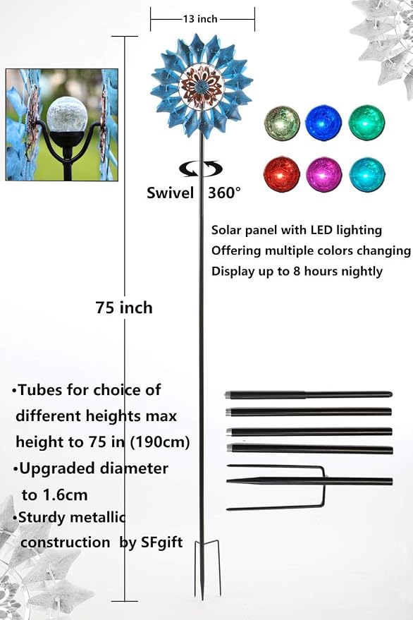 Solar Wind Spinner 75in Azure 360°Spin LED Crackle Glass Globe Garden Decor | 8H Working Color Changing Adjustable Height Upgraded 1.6cm Sturdy Metal Tool-Free Weatherproof Gift-Ready Color Box Packaging