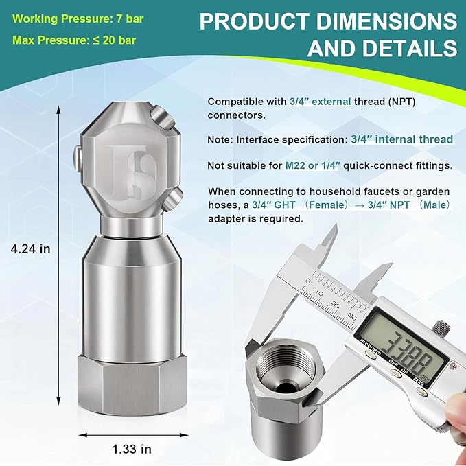 Hicarer 360° Rotating Spray Nozzle 304 Stainless Steel 3/4" Npt Garden Hose Attachment for Patio Cleaning, Small Bucket, Tanks and Dishwashers