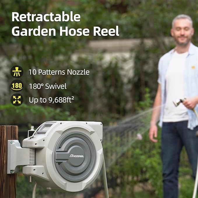 150 FT x 1/2" Retractable Garden Hose Reel by HOZEREEL, UV Resistant Hose Reels - Automatic Slow Self Retract Wall Mount Hose Reel Enclosed Storage, Any Length Lock 180° Swivel, 10 Pattern Nozzle