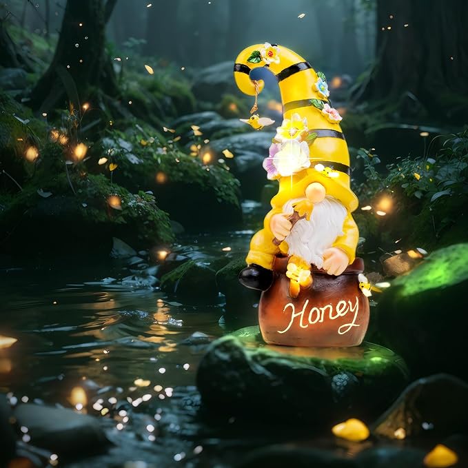 twinbling 13" Garden Solar Spring Gnomes Statues Outdoor | Birthday Gifts from Daughter Son Spring Decor with LED Lighted Bee and Flowers Funny Garden Sculpture for Patio Yard Lawn