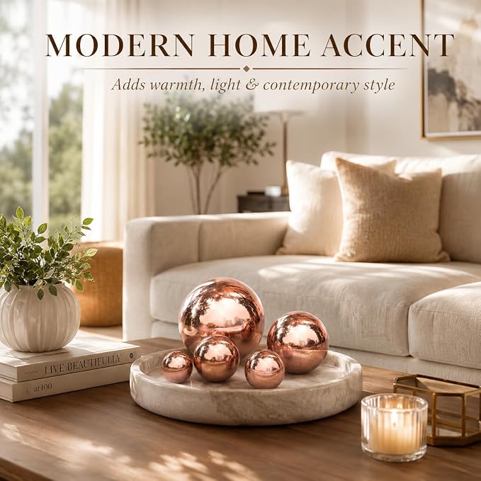 Gazing Ball Garden Mirror Outdoor - Outside Decorative Globe Rose Gold 5Pcs | Metal Polished Reflective Sphere, Stainless Steel Hollow Decoration Ornament for Home Pond Swimming Pool Housewarming Gift