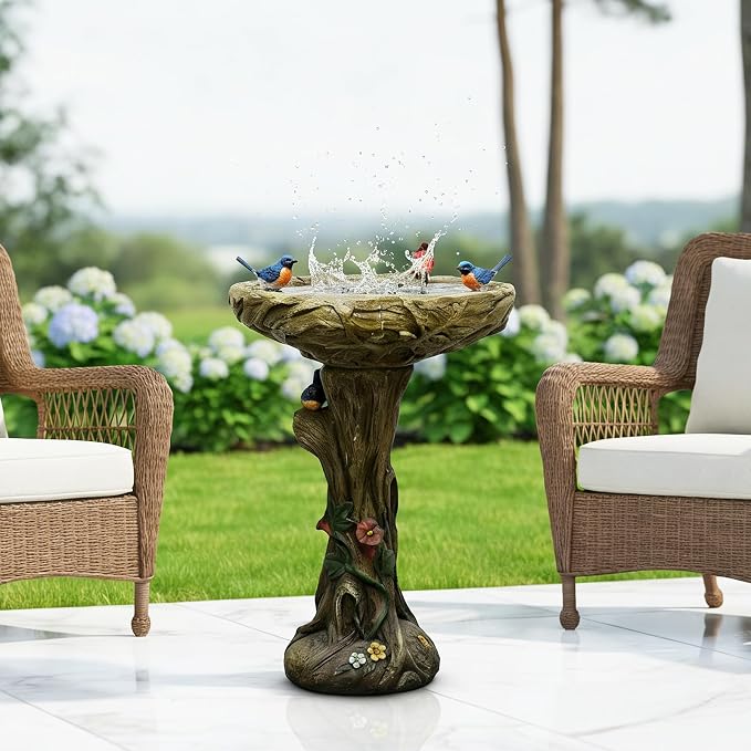 SKYFIRE 25.5” H Fibre Reinforced Concrete Bird Bath with Birds for Garden, Woodland Tree Trunk Decoration Outdoor Bird Bath，Pedestal Birdbaths for Outdoors, Garden, Patio, Lawn, Backyard