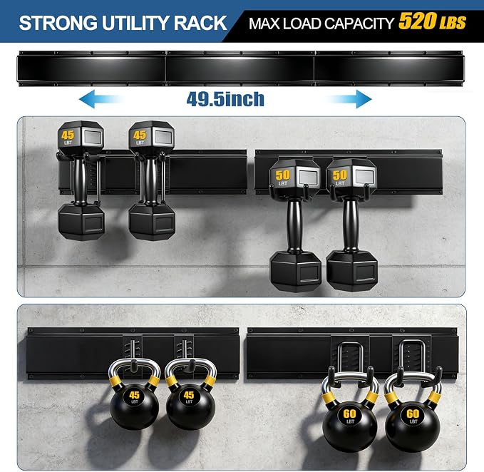 Garage Tool Organizer Wall Mount 49.5" - 520lbs Heavy Duty Metal | Garage Wall Organizer with 11 Adjustable Hooks, Space-saving Hanging Rack for Garden Yard Tools, Shovel, Ladder, Weed Eater
