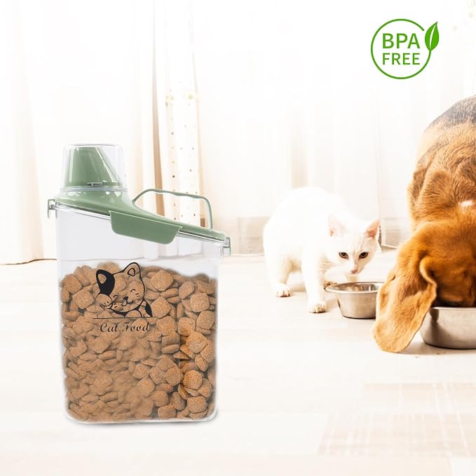 Cat Food Storage Container Airtight |3 Qt/2.8 L Clear Plastic Cat Food Treats Container with Measuring Cup/Pour Spout|Hold up to 3.8 lbs Pet Food|Portable Food box for Travel| BPA Free-green
