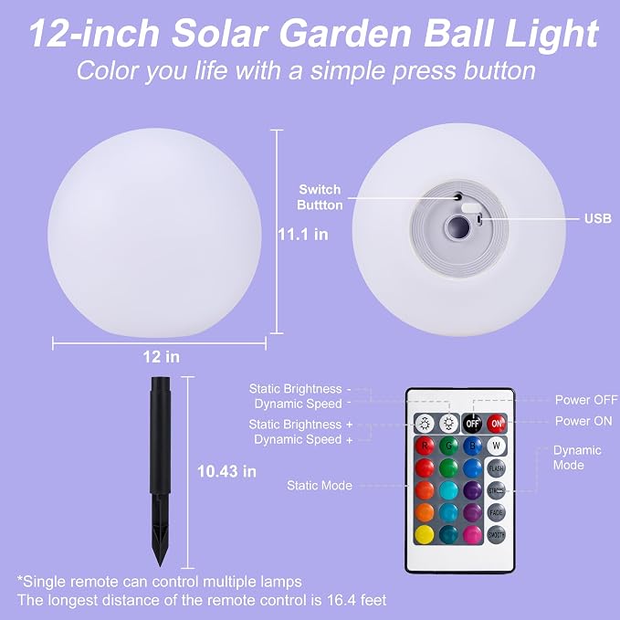 12 Inch Solar Ball Light, Solar Rechargeable Globe Light,16 RGB Colors and Dimmable Globe Light with Remote,Decor for Patio,Garden,Yard,Beach,Pathway,Party Decorative Lighting