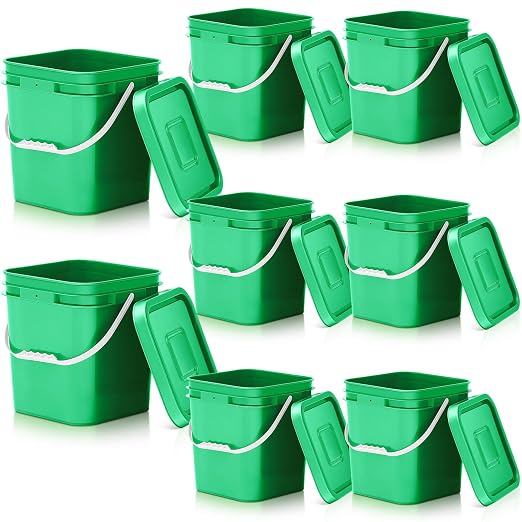 Mumufy 8 Pcs 3.5 Gallon Square Food Grade Bucket with Lid Square Bucket Pail Plastic Handles for Long Term Food Storage, Camping, Fishing, Home Organization Easy Stack and Store (Green)