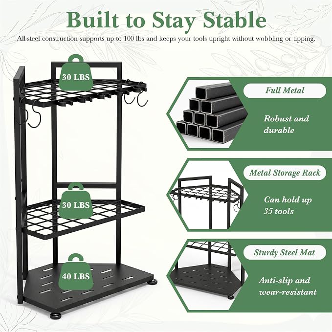 Faesun Garden Tool Organizer for Corner, 3-Tier Metal Yard Tool Rack, Holds 50+ Rakes/Shovels/Brooms,Heavy Duty Lawn Tool Storage for Garage Shed Outdoor Organization