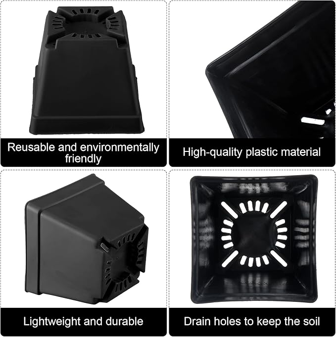 Amyhill 100 Pcs 4 Inch Flower Pots Square Plants Nursery Pot Plastic Plant Seedling Pots Small Nursery Transplanting Planter Container with Saucer for Indoor Succulent Balcony Garden (Black)