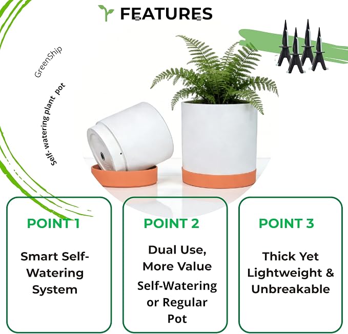 GreenShip Planter Set of 2 (10.3'' & 8.3'') – Dual-Use Self-Watering or Traditional Indoor Cylinder Flower Pots with Saucers & Side Drainage – Durable Lightweight Clay & Resin Blend (W/T)