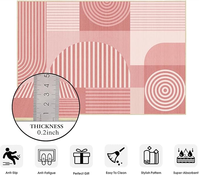 Pink Geometric 2x6 Runner Rug for Hallway Kitchen Bedroom Machine Washable Mid Century Modern Rug Non Slip Low Pile Minimalist Line Runner Rugs Long Floor Mat Carpet for Bathroom Laundry,Pink