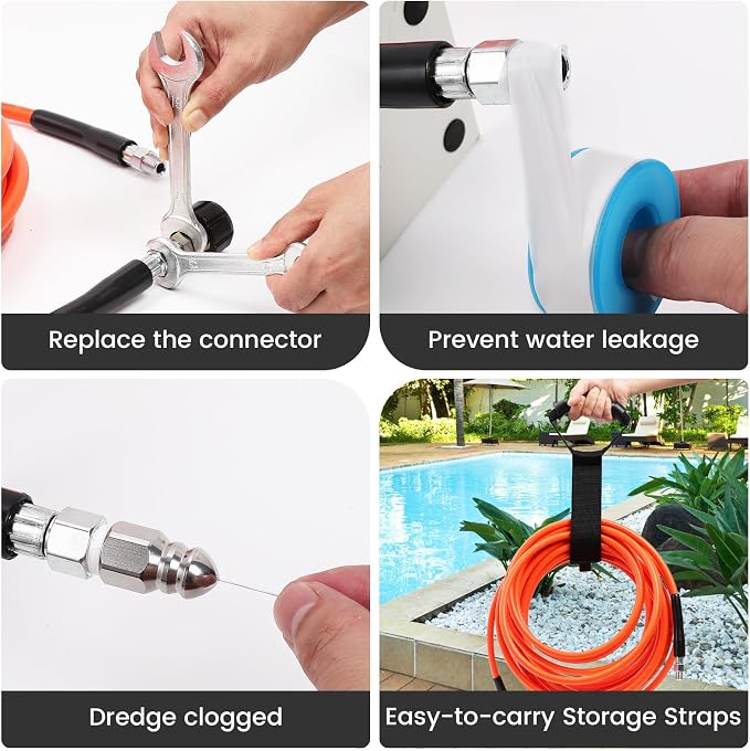 100FT Pressure Washer Sewer Jetter Kit, 5800 PSI Water Jet Drain Cleaner Hose with Corner Rotating Button Nose Nozzle, Sewer Jetting Nozzles Kit with Spanner Handle Strap