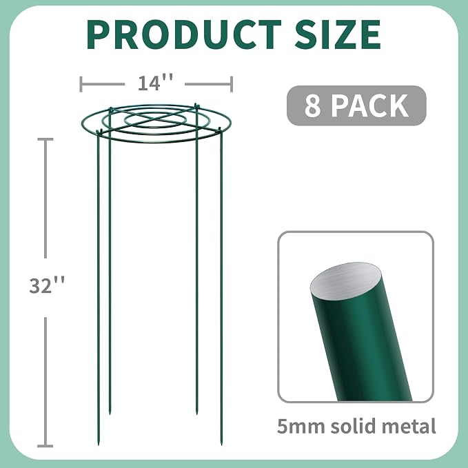 8 Sets Peony Support Cage,14"Diax32"High Heavy Duty Metal Plant Support,Grow Through Hoops Grids with 4 Thickened 5mm Legs,Strong Support Brace for Heavy Blossoms,Flower Support Ring for Peonies,Rose