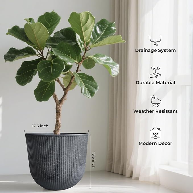 Worth Garden Round Large Planter Pot 1-Pack - 17.5" Dia x 15.5" H - Durable Plastic Grey Plant Tree Pots with Vertical Stripe Textured Finish, Drainage Hole for Indoor, Outdoor, Front Porch, Patio
