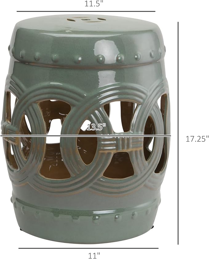Outsunny 14" x 17" Ceramic Garden Stool with Double-Coin Knotted Ring Design & Strong Glazed Material, Decorative Outdoor Stool, Home Collection, Green