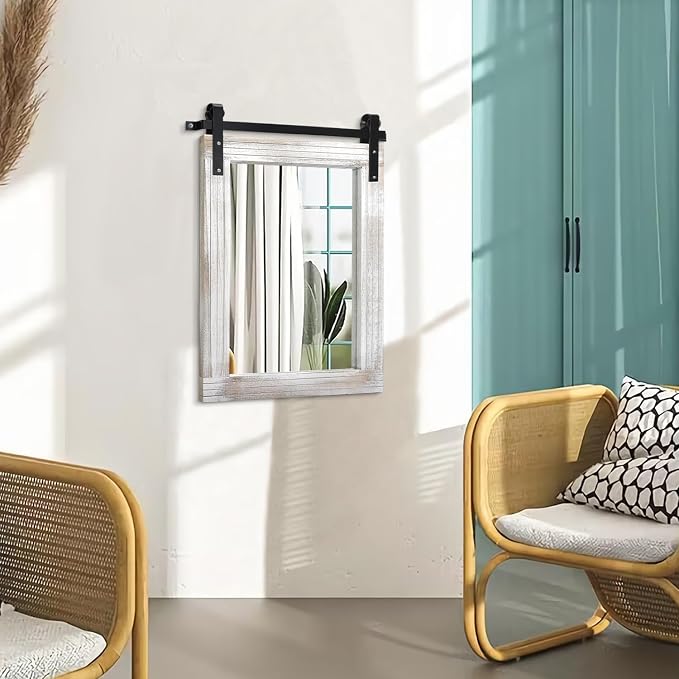 AAZZKANG Mirrors for Wall Rustic Barn Door Mirror with Wood Framed Rectangle Farmhouese Bathroom Mirror Decorative Hanging Mirror for Bedroom Vanity Entryway 20"x16"