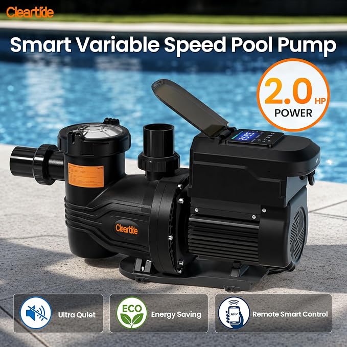 Cleartide 2 HP Smart Variable Speed Pool Pump, 9774GPH, 220-240V AC | In-Ground/Above Ground Swimming Pool Pump With Smart APP Control, Energy Saving and Ultra Quiet