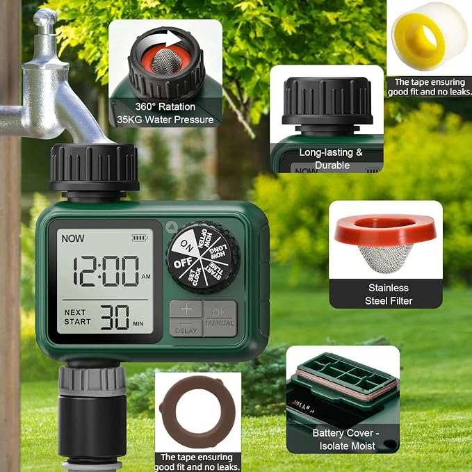 Water Timer for Outdoor Garden Hose, Sprinkler Timer for Garden Faucet with Auto/Manual/Rain Delay Mode, Sprinkler Irrigation Controller for Yard Lawn (1 Zone Plastic Inlet-2 Pack)