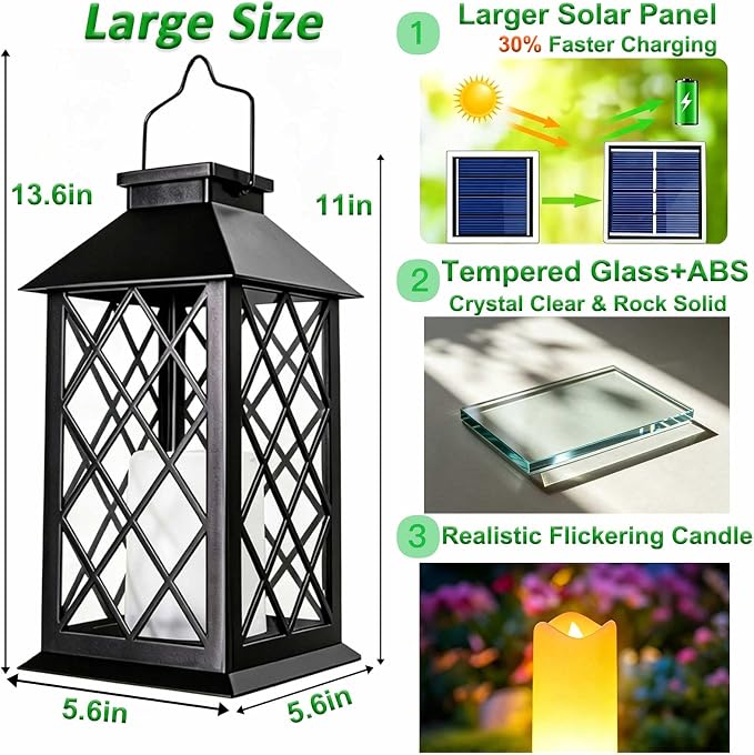 2 Pack 14" Large Solar Lanterns Outdoor Waterproof, Tempered Glass, Hanging Solar Lights with Flickering Flameless Candles, Retro Solar Lantern for Wall Porch Patio Table Garden Decorations, Black