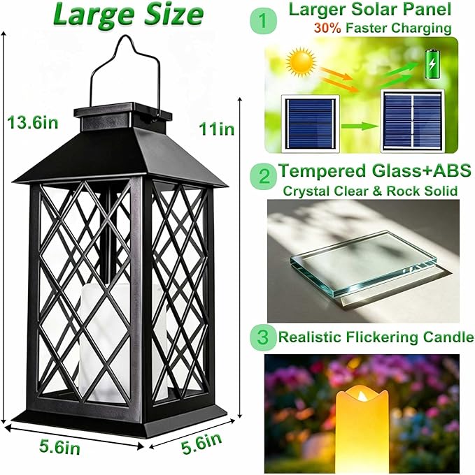 14" Large Solar Lanterns Outdoor Waterproof, Tempered Glass, Hanging Solar Lights with Flickering Flameless Candles, Retro Solar Lantern for Wall Porch Patio Table Garden Decorations, Black