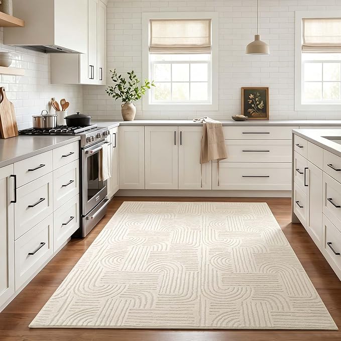 Etwel 4x6 Beige Modern Geometric Textured High-Low Pile Washable Area Rug | Soft Carpet, Non-Slip PVC Backing, Low Profile, Kid and Pet Friendly, for Living Room, Bedroom, Entryway, Nursery