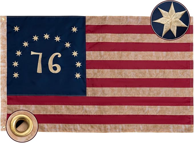Bradford Tea-Stained Bennington 1776 Flag 3x5 ft Outdoor Embroidered Vintage 76 Betsy Ross Flags, American 250th Anniversary 13 Colonies Flag Heavy Duty with 2 Brass Grommets