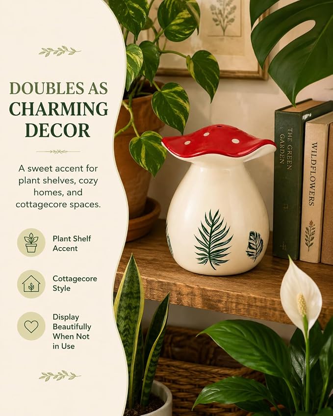Cute Mushroom Thumb Watering Can, Handmade Ceramic Watering Bell for Small Indoor Plants, Gentle Rain Plant Waterer, Cottagecore Mushroom Decor, Plant Lover Gift
