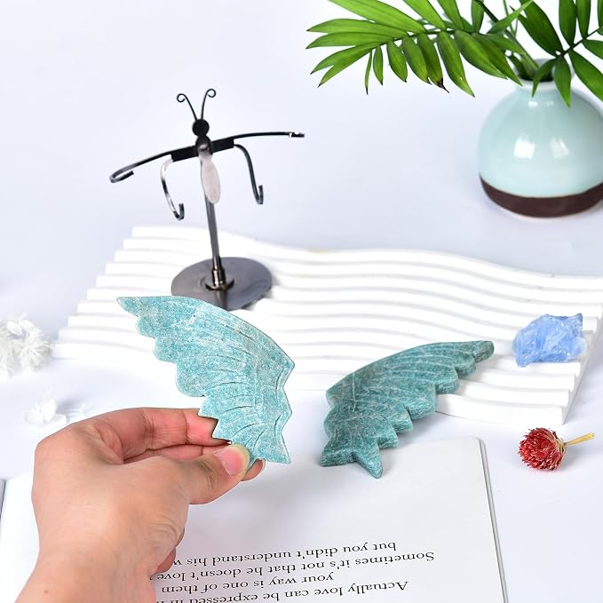 JIC Gem Natural Amazonite Stone Crystal Butterfly Art Wings Carving Craft Ornament Healing Crystal Stones with Display Stand Decoration Reiki Energy Balance (1pair, 10cm)