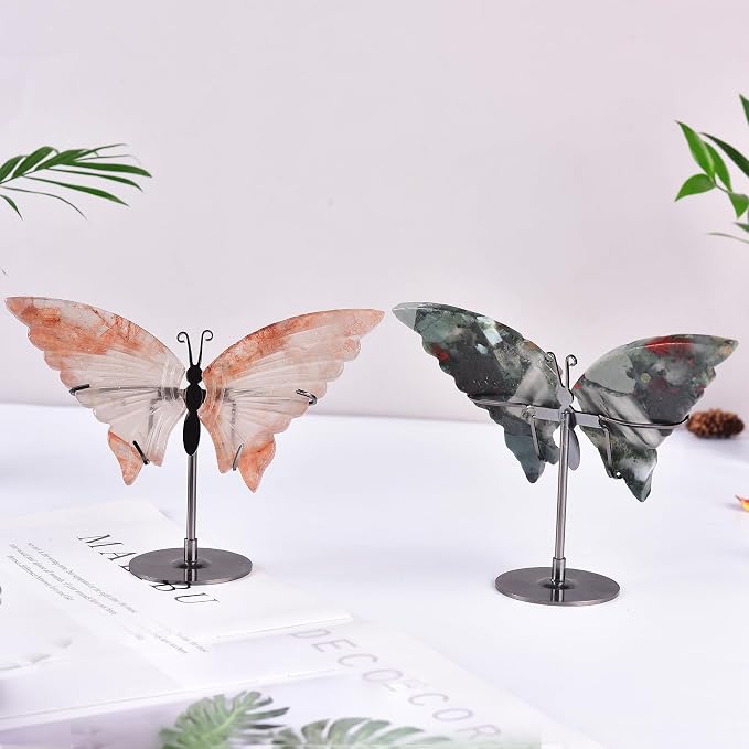 JIC Gem Natural African Bloodstone Raw Crystals Butterfly Figurine Decorative Rocks Stones Healing Crystal Carved Angel Wings with Display Decor Reiki Gifts (1pair, 10cm)