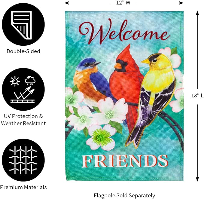 Evergreen Flag Welcome Friends Burlap Spring Garden Flags 12x18 double sided | Small Garden Flags For Outside | Welcome Spring Flag Décor for Yards Porch Gardens