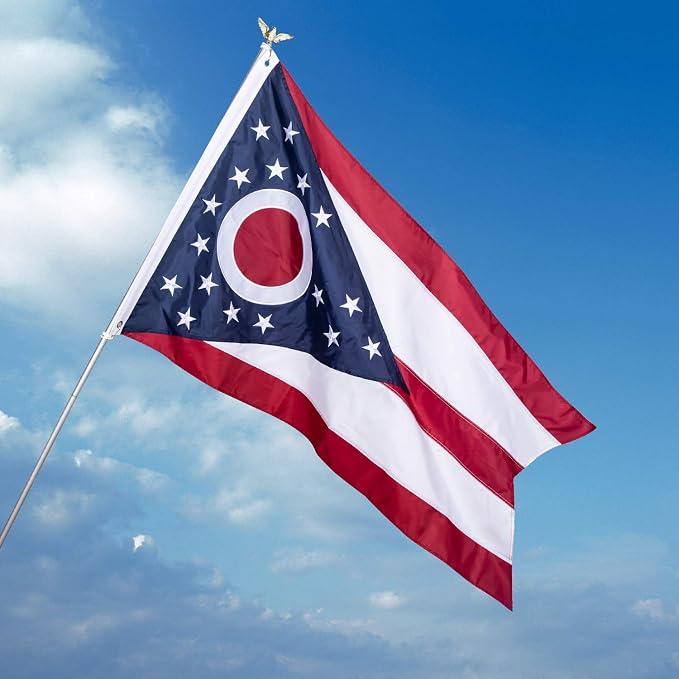 Ohio State 3x5 ft OH Flag - Heavy Duty 210D Nylon with Embroidered Stars - Outdoor/Indoor All Weather Burgee Flag with Strong Canvas Header/Brass Grommets/Sewn Stripes