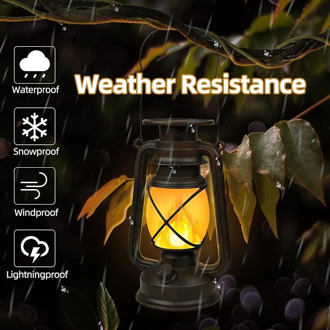 Outdoor Waterproof Solar Lanterns, 2 Pack Vintage Flickering Flame LED Hanging Lights with Auto On/Off, Rustic Solar-Powered Lamps for Patio, Garden, Yard, Deck, Pathway, and Porch Decor