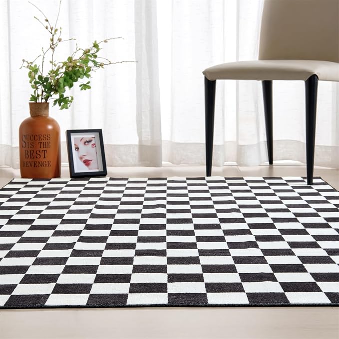 Vintage Checkerboard 5x7 Living Room Rugs Indoor Geometry Carpet Washable, Ultra Thin Boho Black and White Cute Retro Aesthetic Funky Area Rugs for Kitchen Bedroom Dorm Entryway